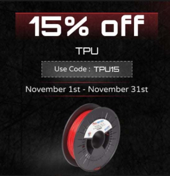 Promotional offer for 15% off TPU filament with a spool on a dark background