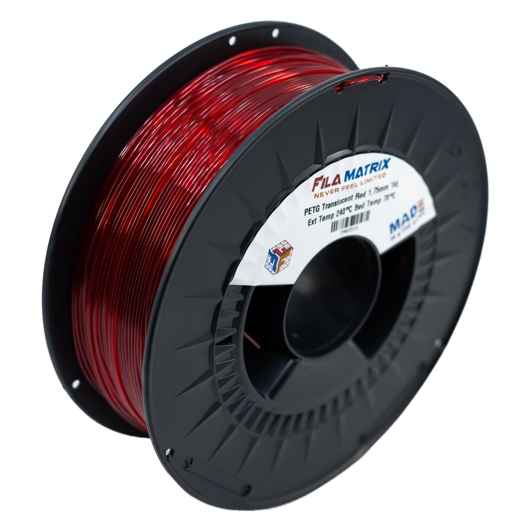 Filamatrix PETG Translucent Red 3D printer filament with level wind on AMS compatible spool