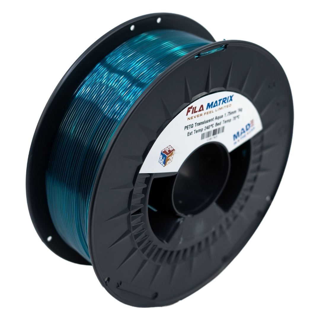 Filamatrix PETG Translucent Aqua 3D printer filament with level wind on AMS compatible spool