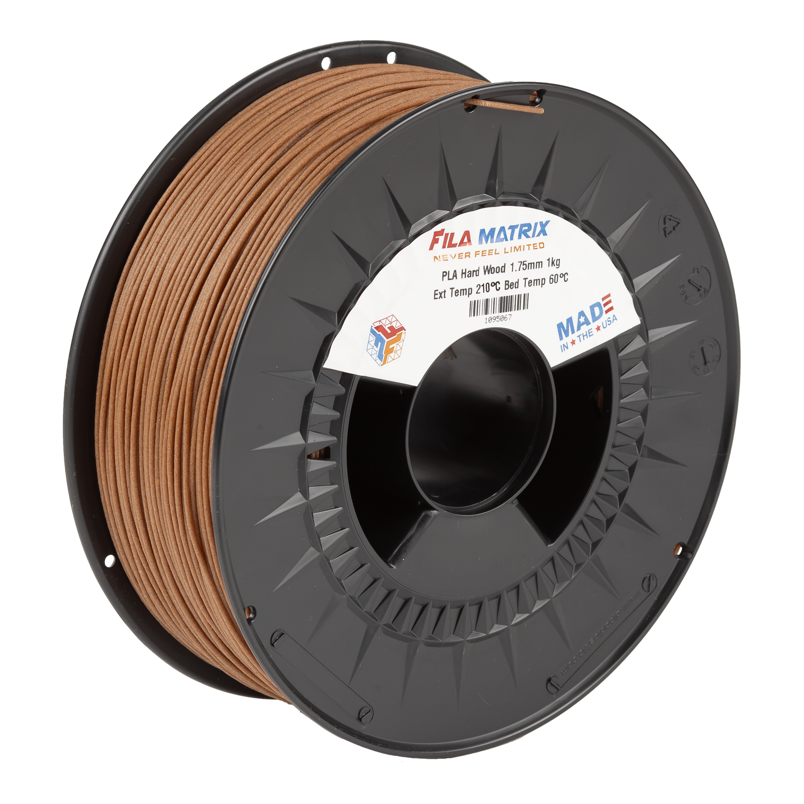 Filamatrix PLA Hard Wood 3D printer filament on a black plastic spool